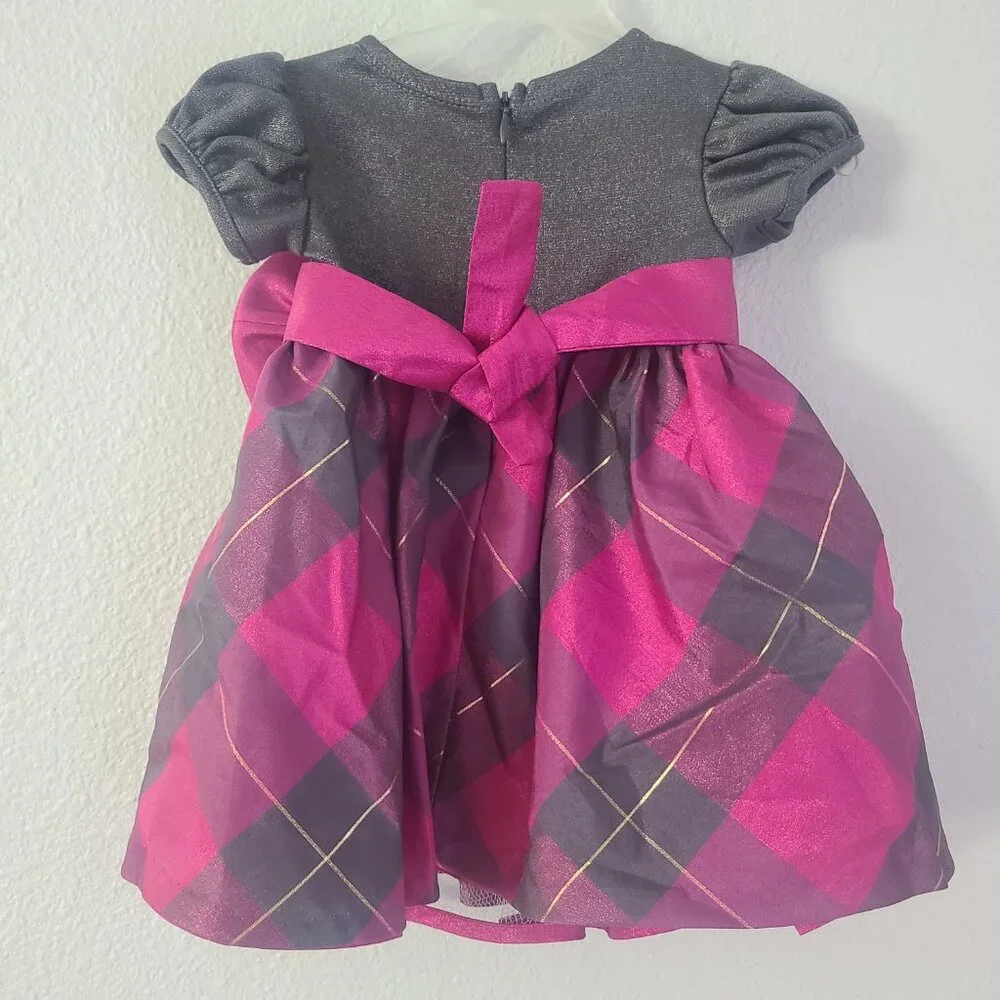 Bonnie Baby Girl Holiday Plaid Party Dress pink and grey with Bloomers Size 6–9M